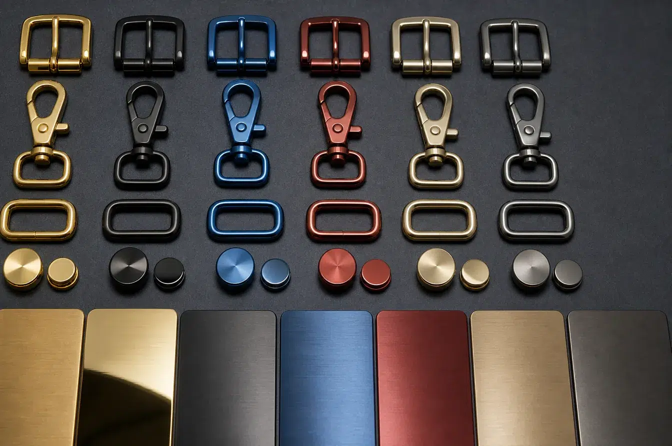PVD coated hardware color samples in gold black blue red and gunmetal