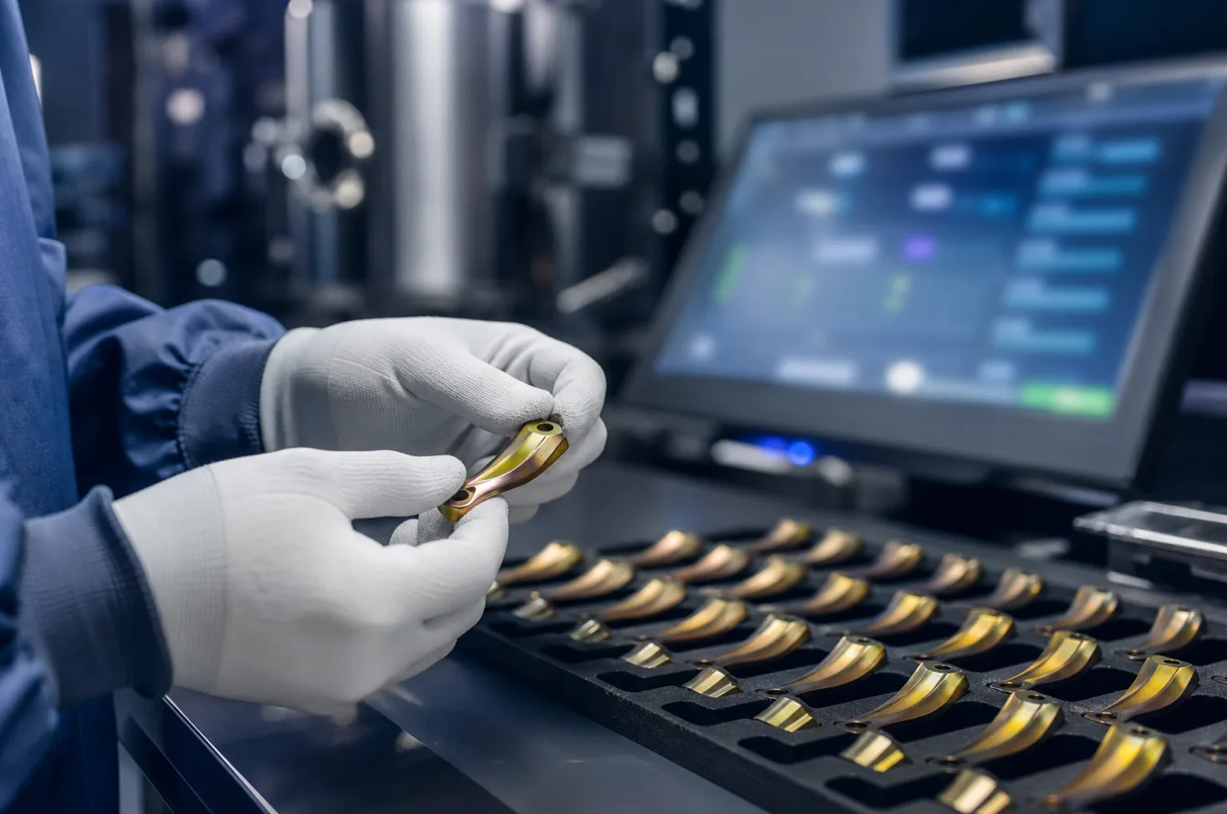 Gloved inspection of repeatable PVD coated parts beside digital recipe control