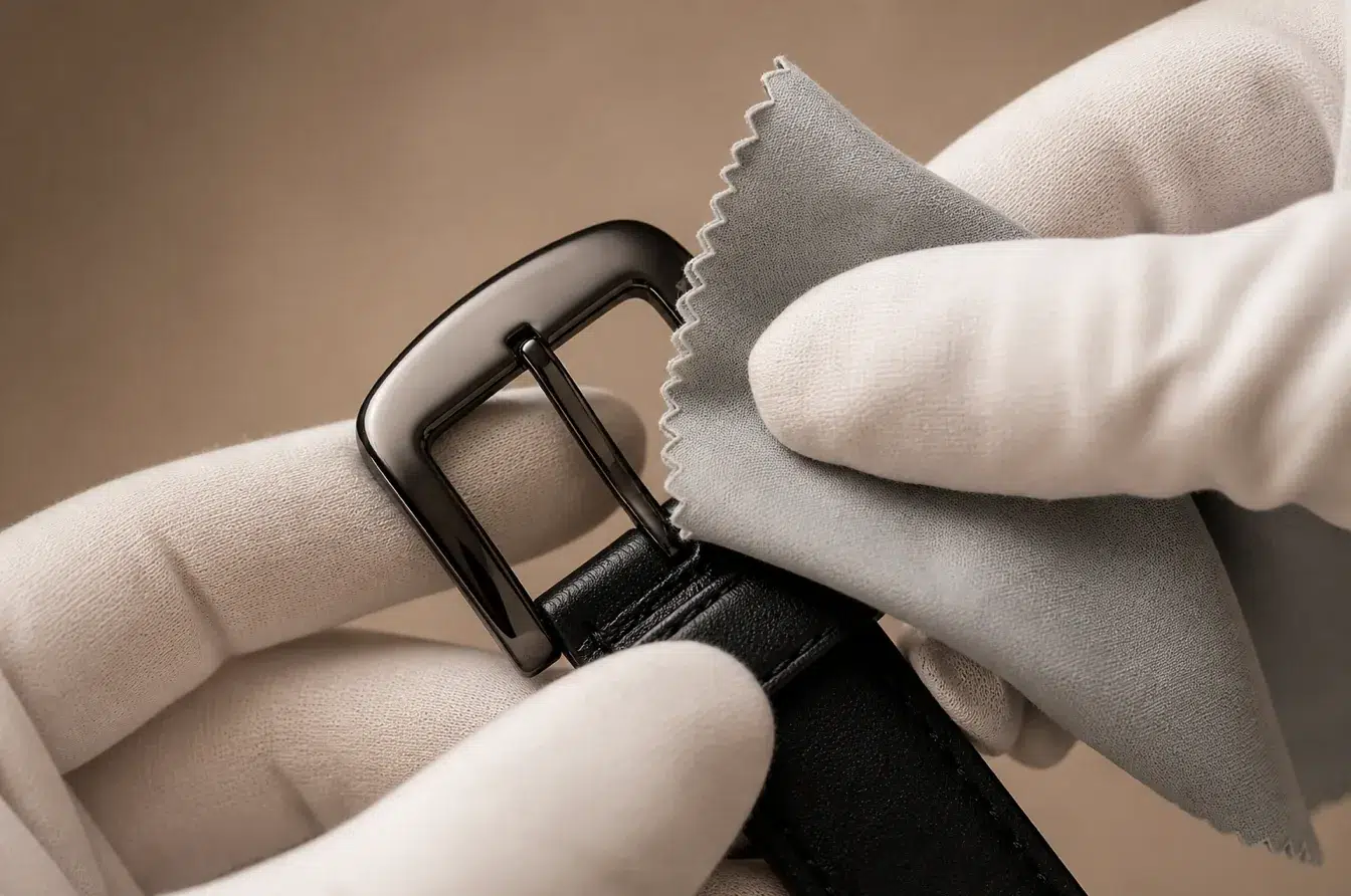 Gloved hand cleaning a PVD coated buckle with microfiber cloth