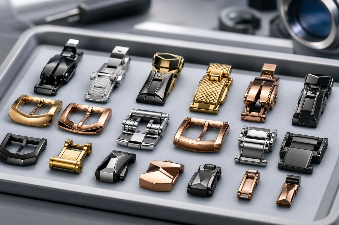 Micro buckles and precision hardware showing crisp PVD coated geometry