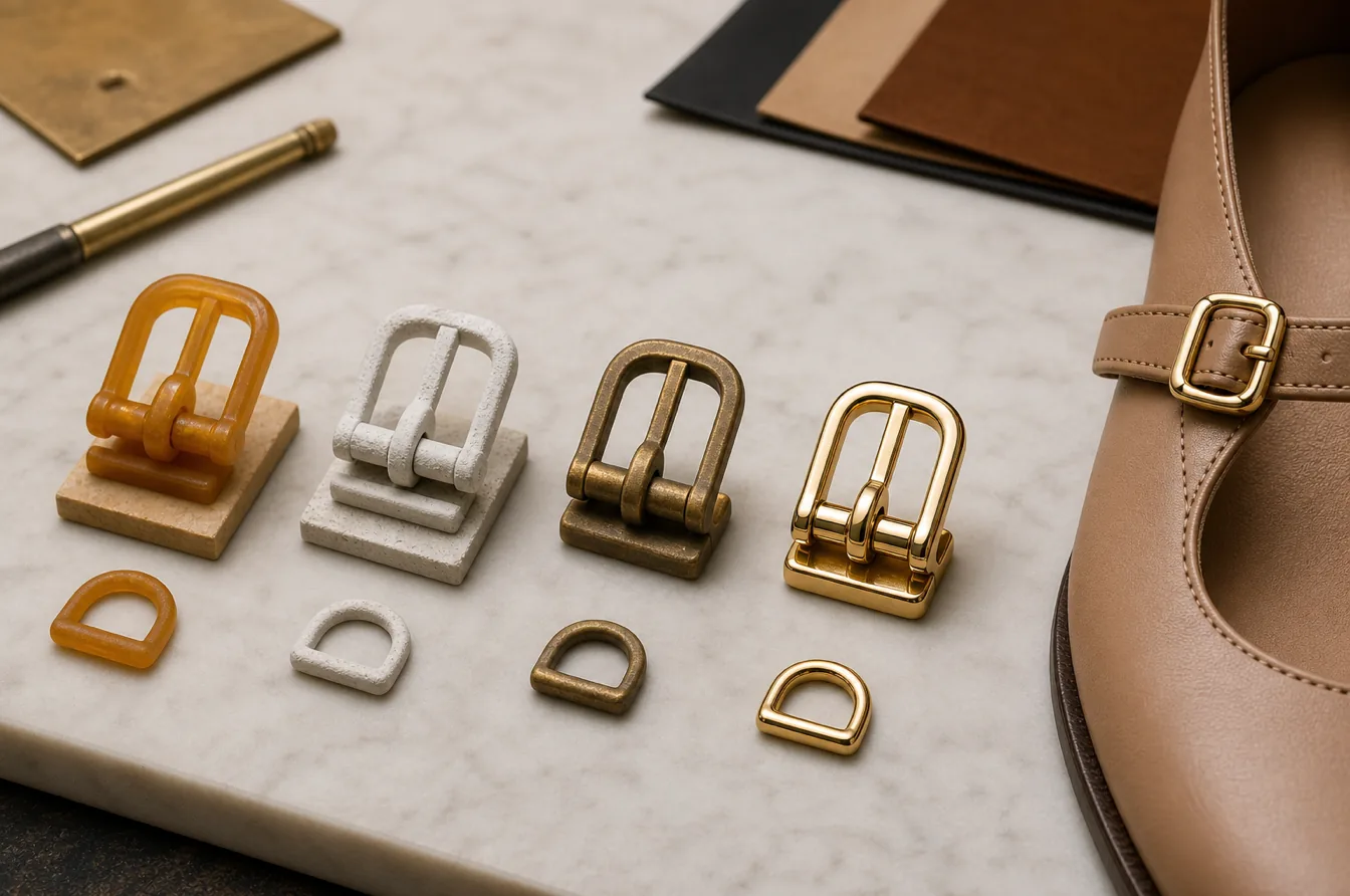 Wax ceramic raw and polished brass shoe buckles show the production stages