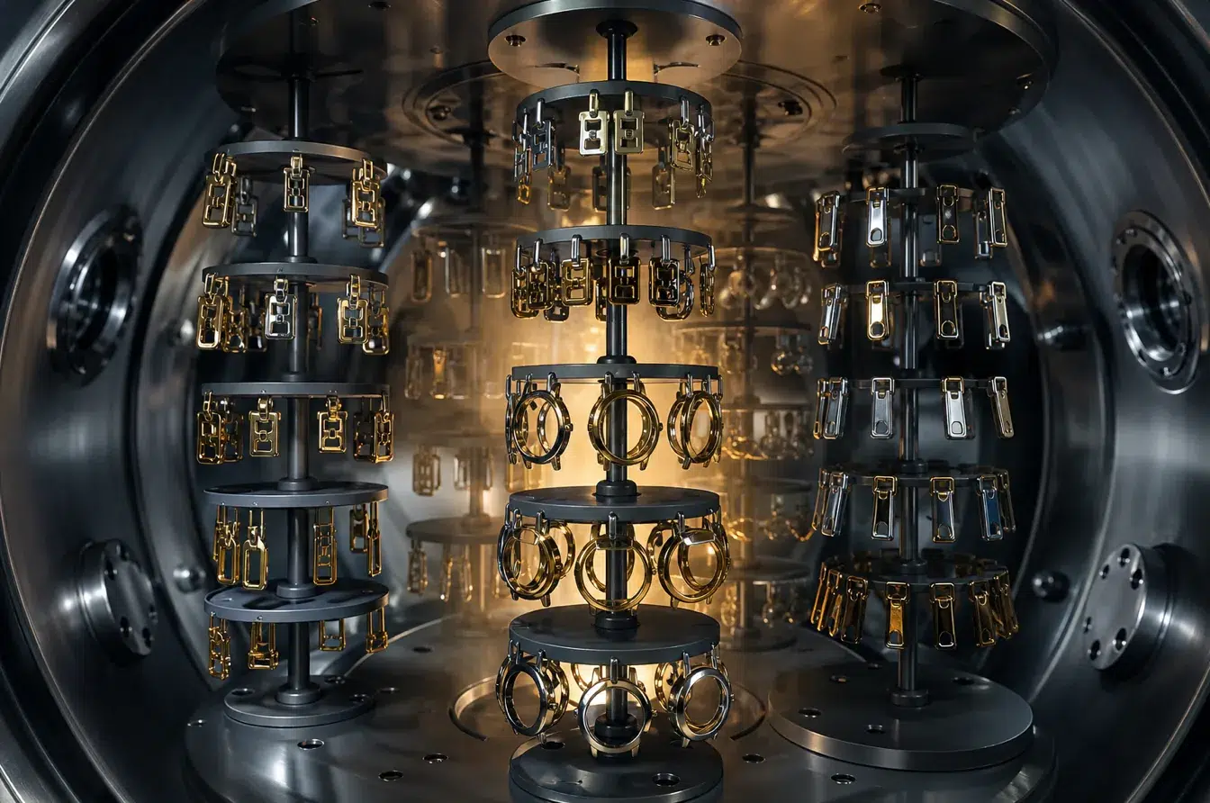 Hardware parts rotating inside a vacuum PVD coating chamber