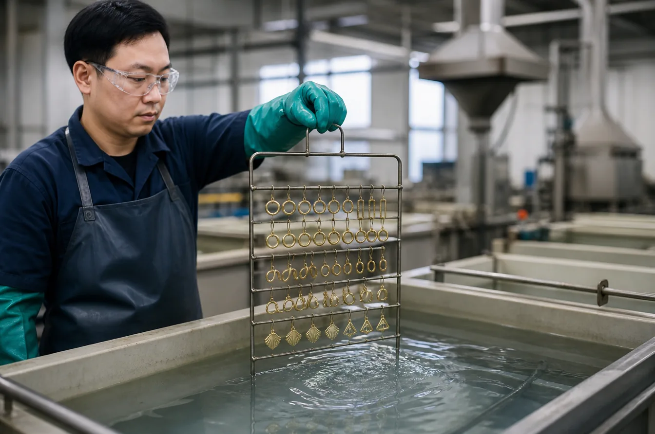Technician lifts plated brass swimwear hardware from a controlled finishing bath