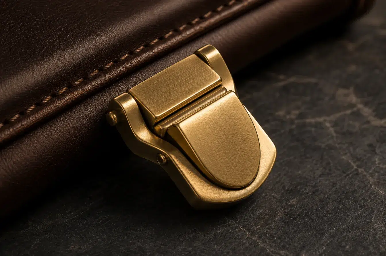 Solid brass signature clasp shows premium weight finish and precise mechanical construction