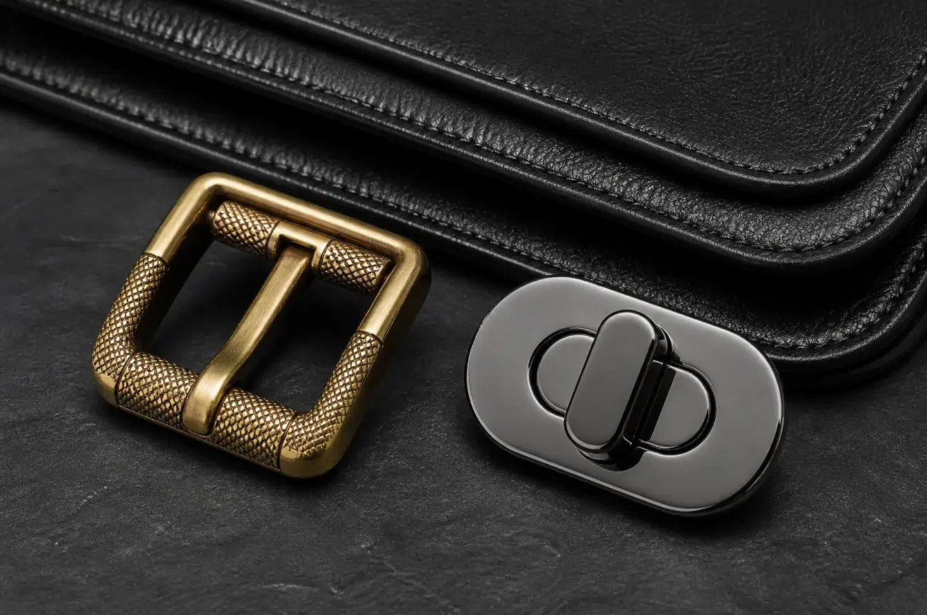 Electroplated brass buckle and PVD stainless steel turn lock beside black leather