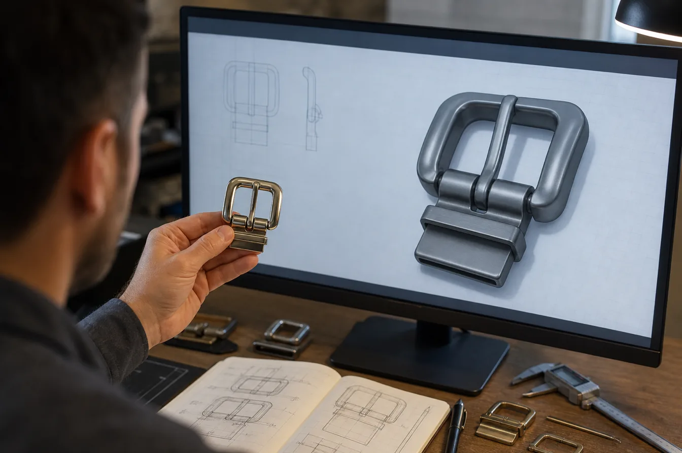 Designer compares a physical fashion buckle sample with a digital CAD model before quotation