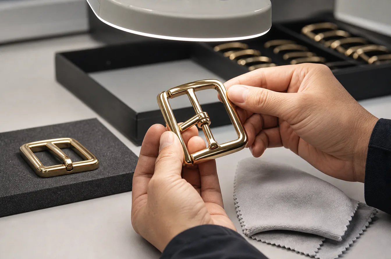 Technician inspects gold buckle plating polish and edge quality under controlled lighting