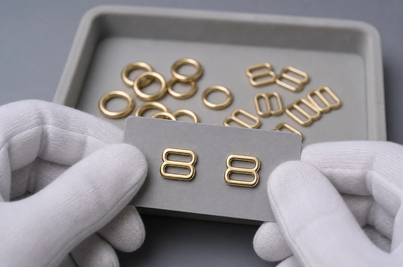 Inspector compares bulk lingerie hardware plating against an approved finish sample