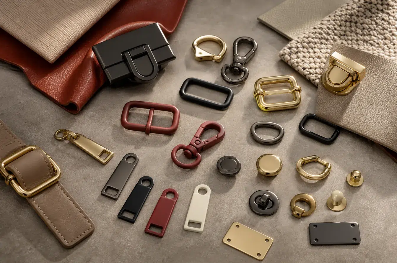 Custom fashion hardware samples showing electroplated PVD spray-coated e-coated and baked-paint finishes
