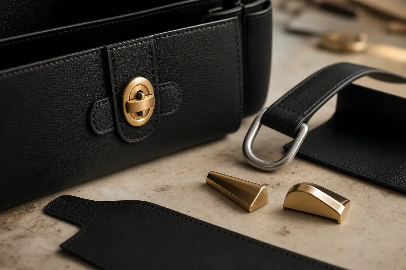 Premium black handbag uses brass zinc alloy and stainless steel hardware in coordinated roles