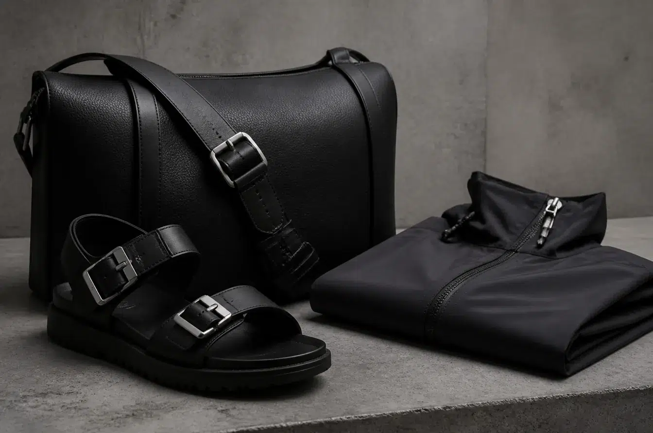 Stainless buckles on a black bag sandal and garment show versatile fashion hardware applications