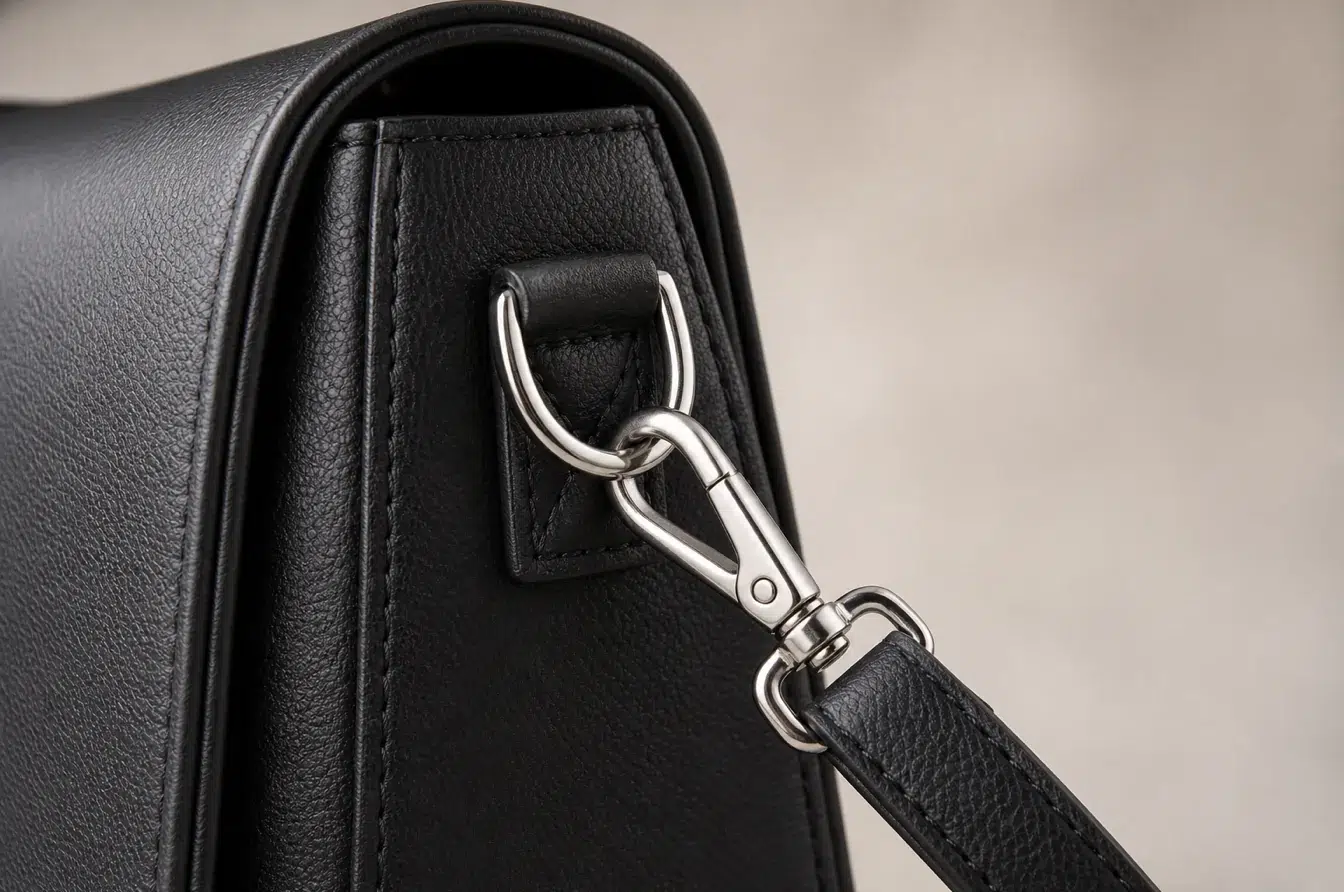 Polished D-ring anchors a detachable shoulder strap to a reinforced leather handbag tab