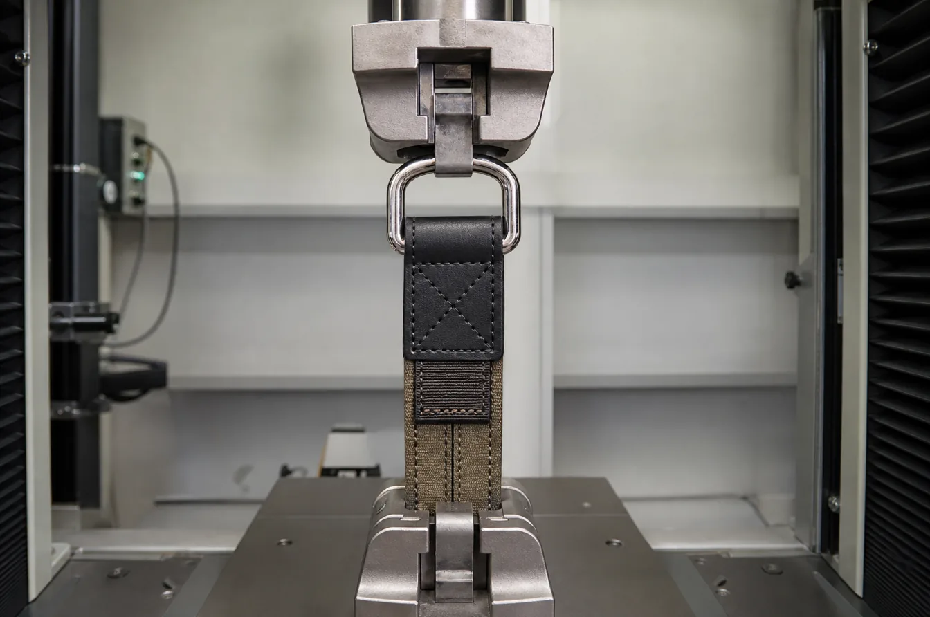 Tensile testing validates a custom D ring attached to leather webbing and reinforced stitching