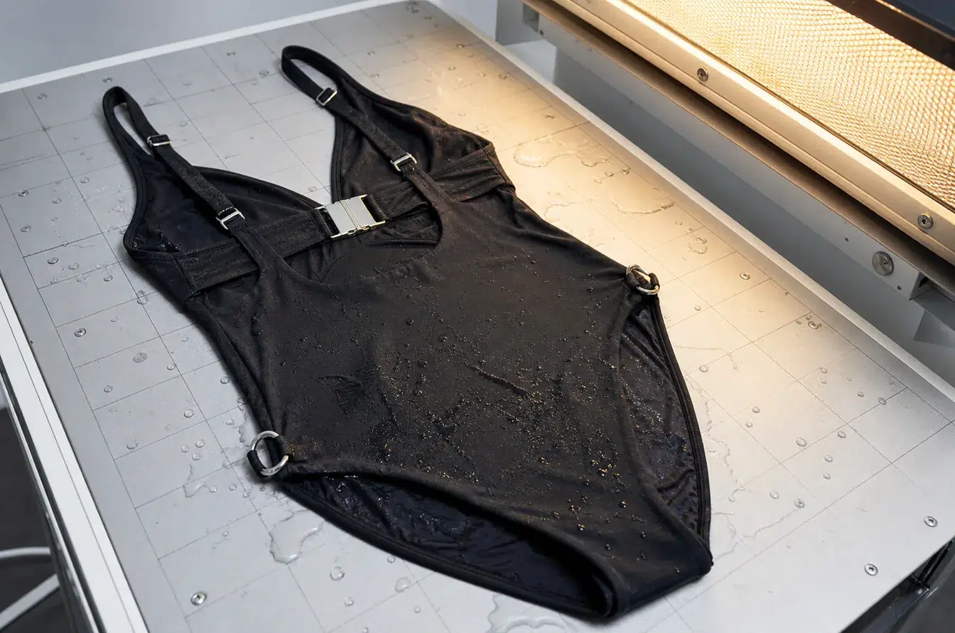 Black swimsuit undergoes controlled water and sunlight exposure testing in a materials laboratory