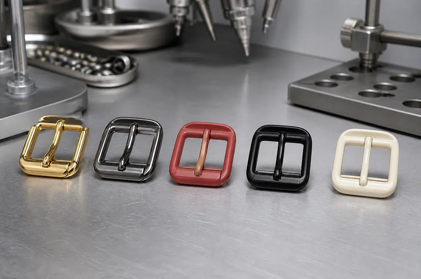 Identical fashion buckles showing electroplating PVD spray coating e-coating and baked paint differences