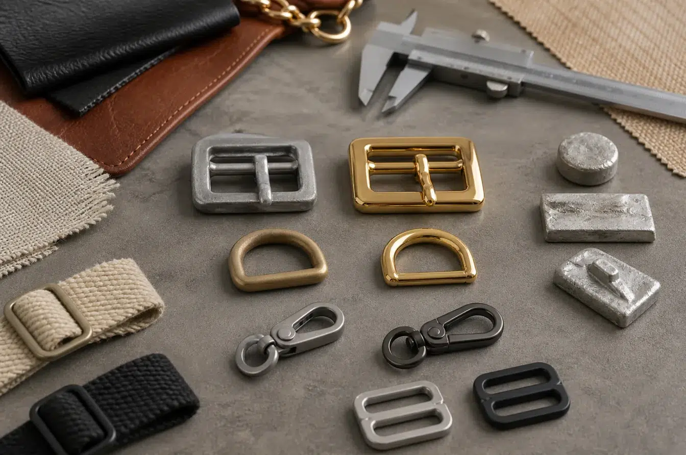 Raw and finished fashion hardware samples in zinc alloy brass stainless steel and aluminum
