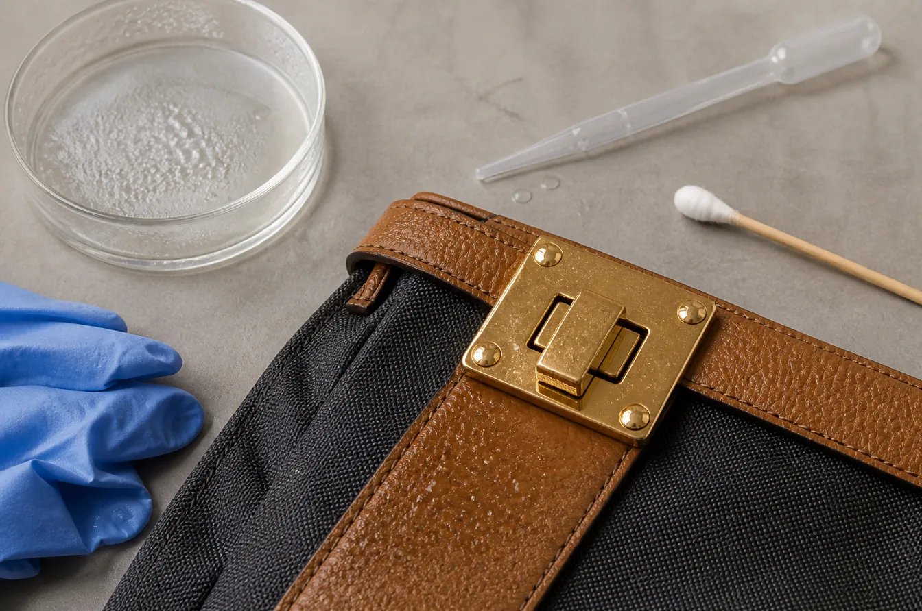 Gold handbag clasp tested on leather and technical fabric after simulated perspiration exposure
