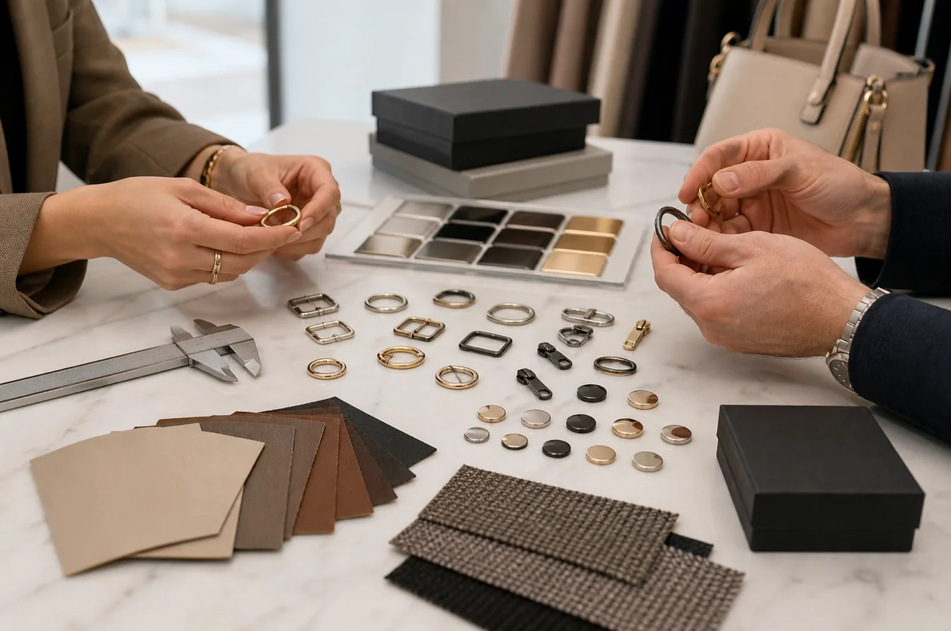 Sourcing professionals reviewing custom buckles zipper pulls finish samples leather and fabric swatches