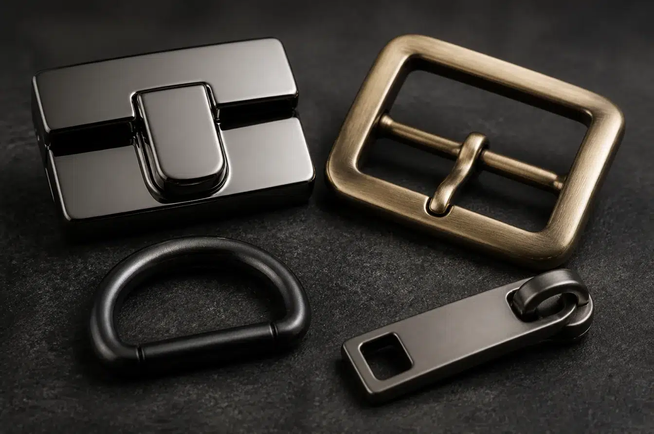 Fashion hardware samples displaying polished brushed satin and matte metallic surface textures