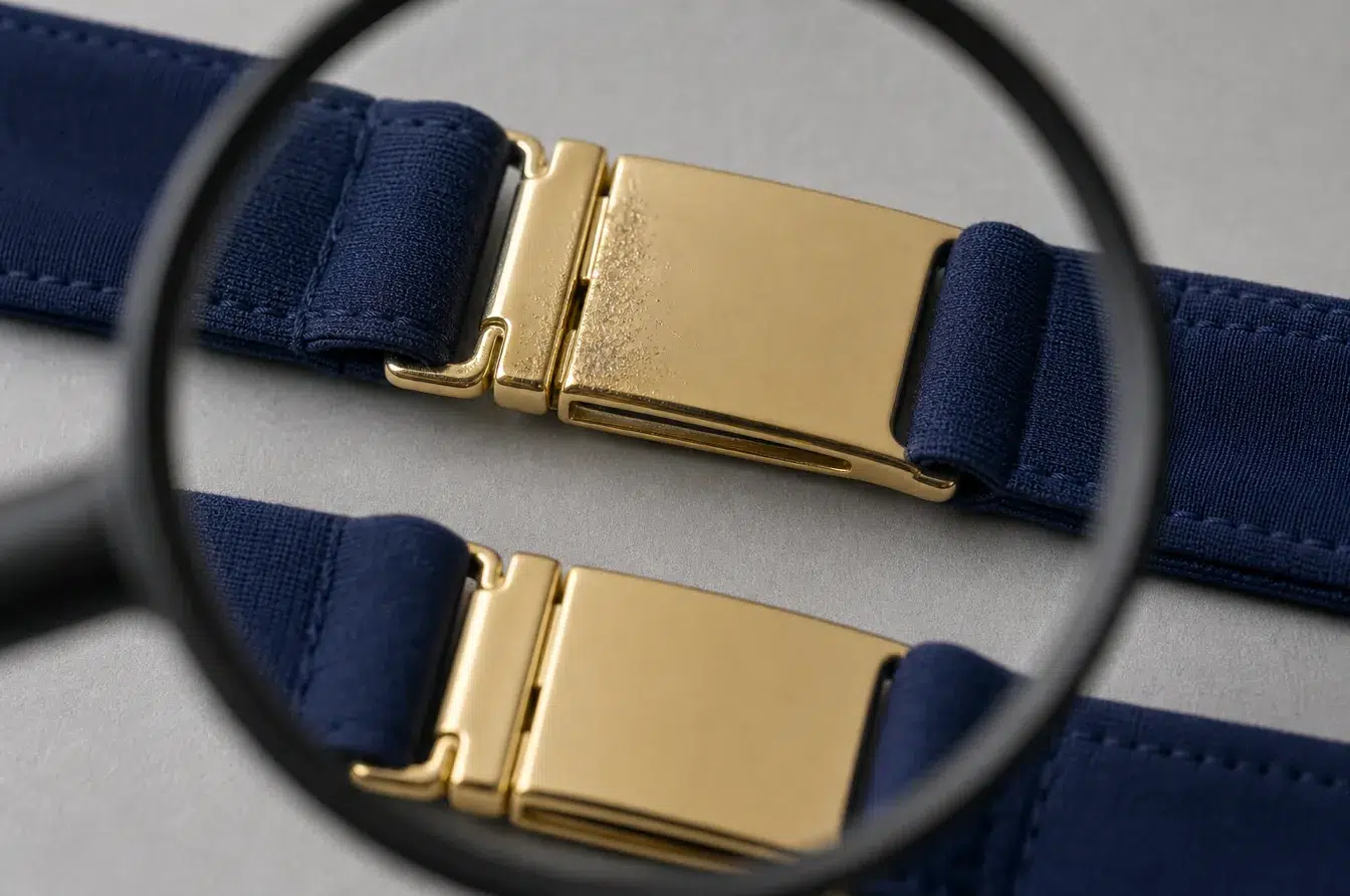 Magnifier reveals subtle finish changes on gold swimwear clasps after chemical exposure
