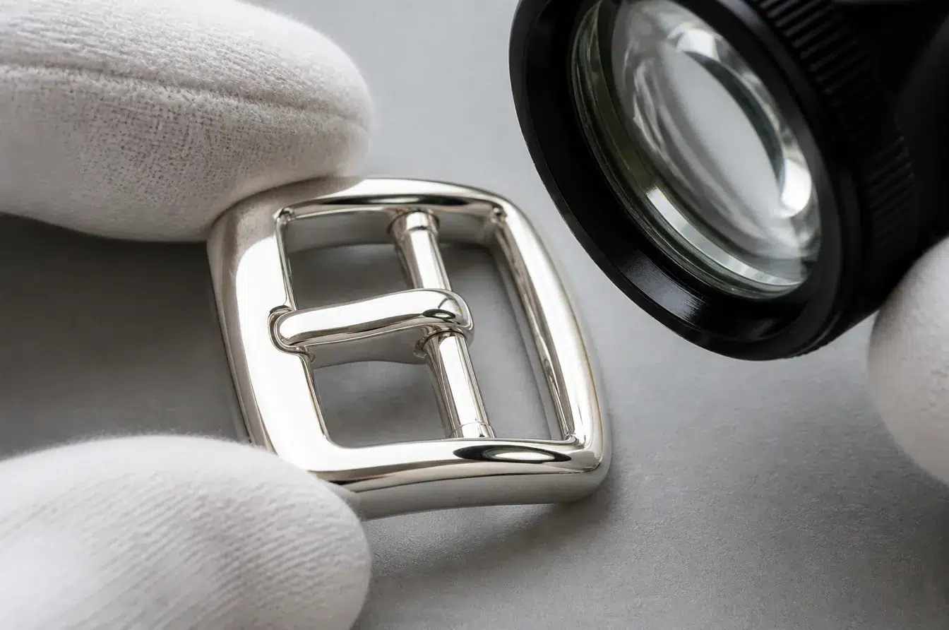 Silver plated buckle inspected under magnification for tarnish and surface changes