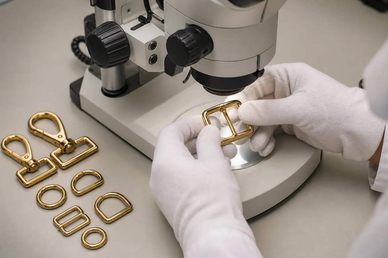 Technician inspects gold buckle coating quality under a laboratory microscope