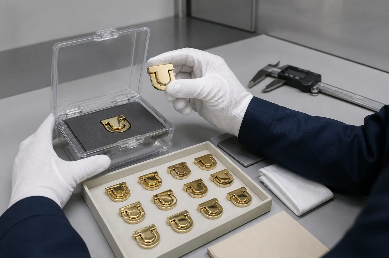 Approved gold finish master sample compared with bulk bag clasps before production