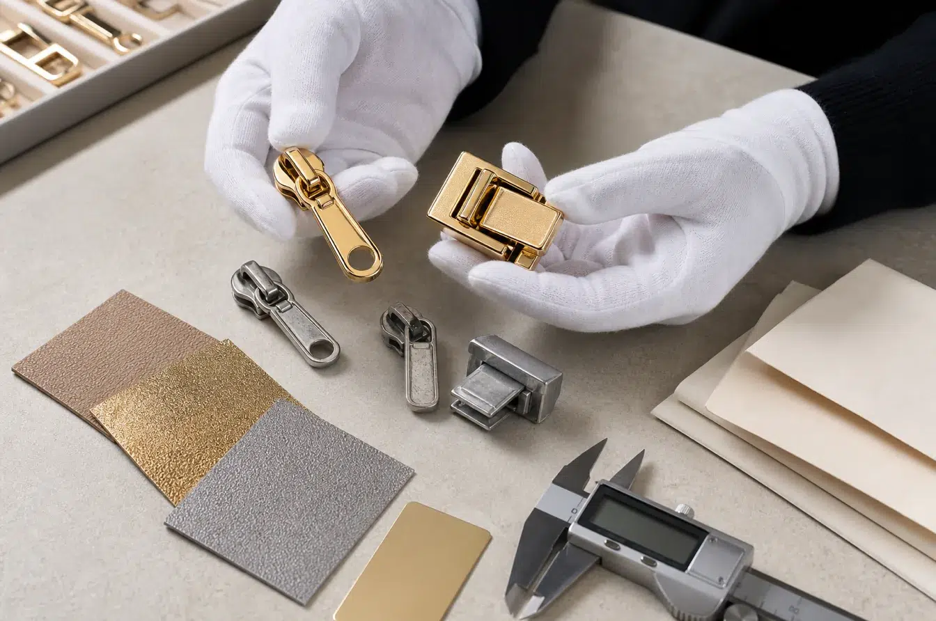 Gloved specialist compares gold zipper pull and clasp with raw metal finish samples