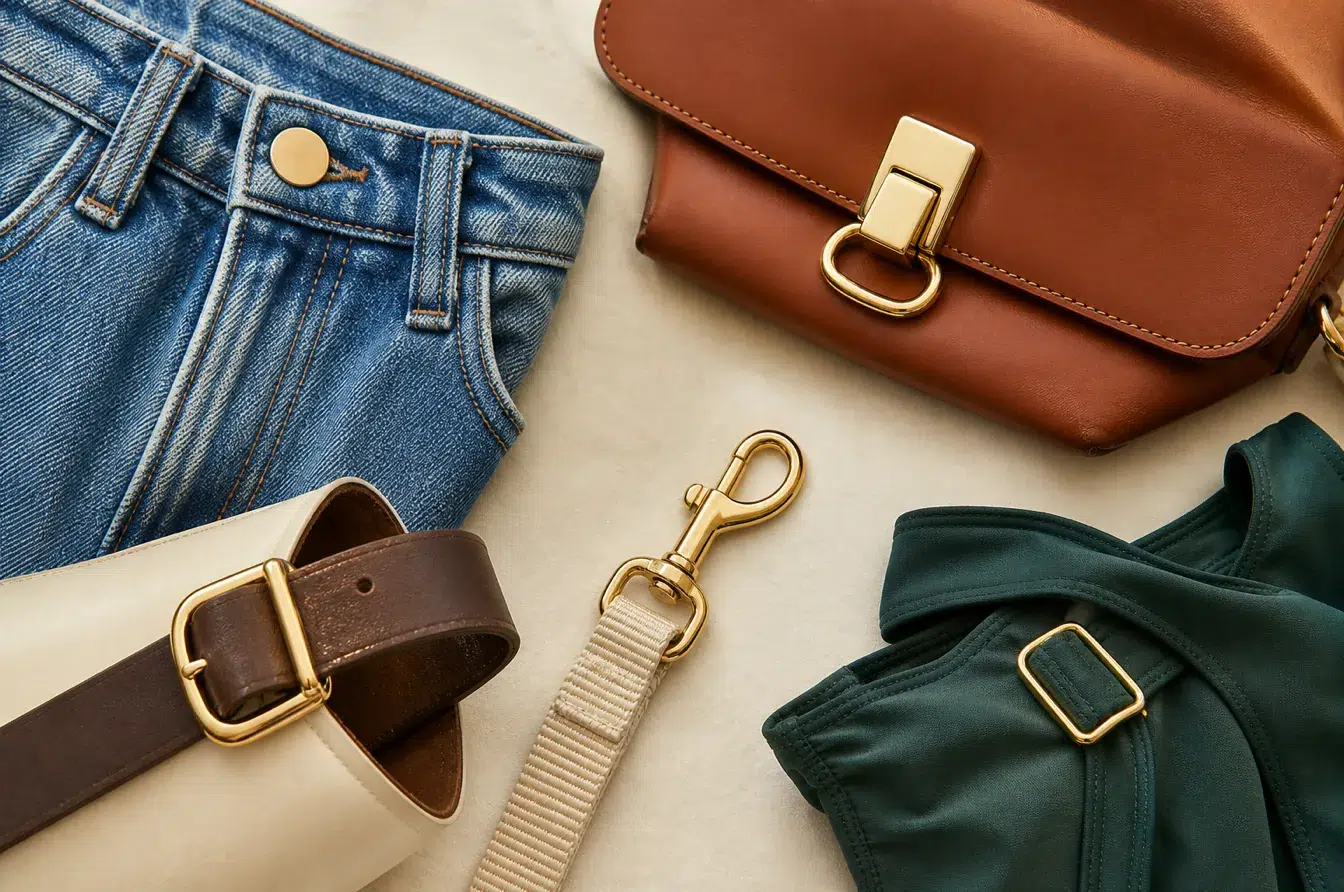 Gold hardware prototypes shown across denim leather footwear webbing and swimwear materials