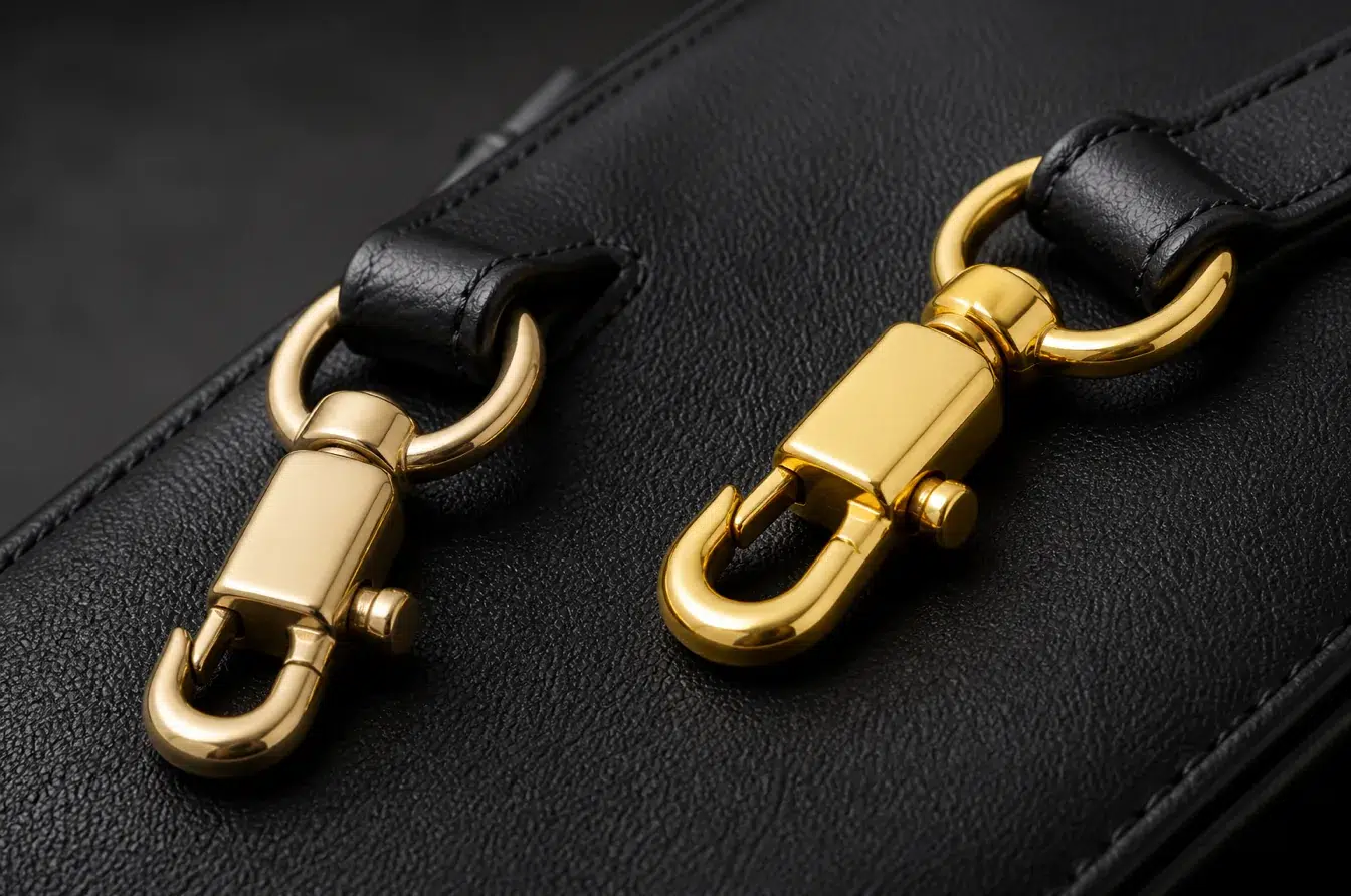 18K and 24K gold tone bag clasps compared on premium black leather