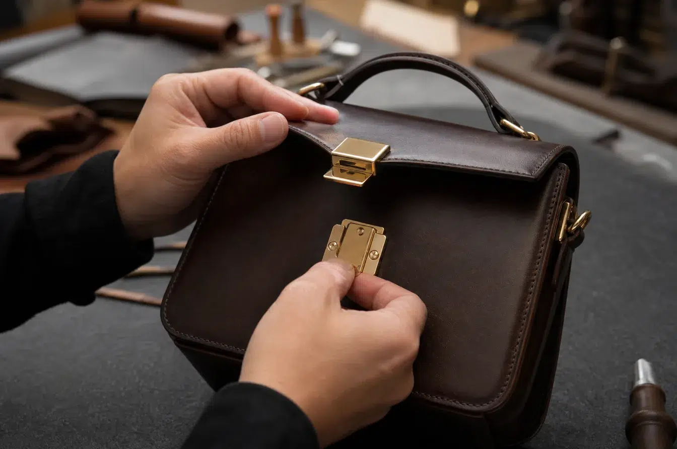 Designer checks a gold clasp attachment on a brown leather handbag prototype