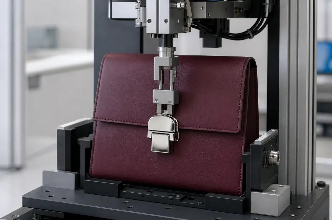 Automated fixture cycle tests a handbag clasp on the finished leather assembly