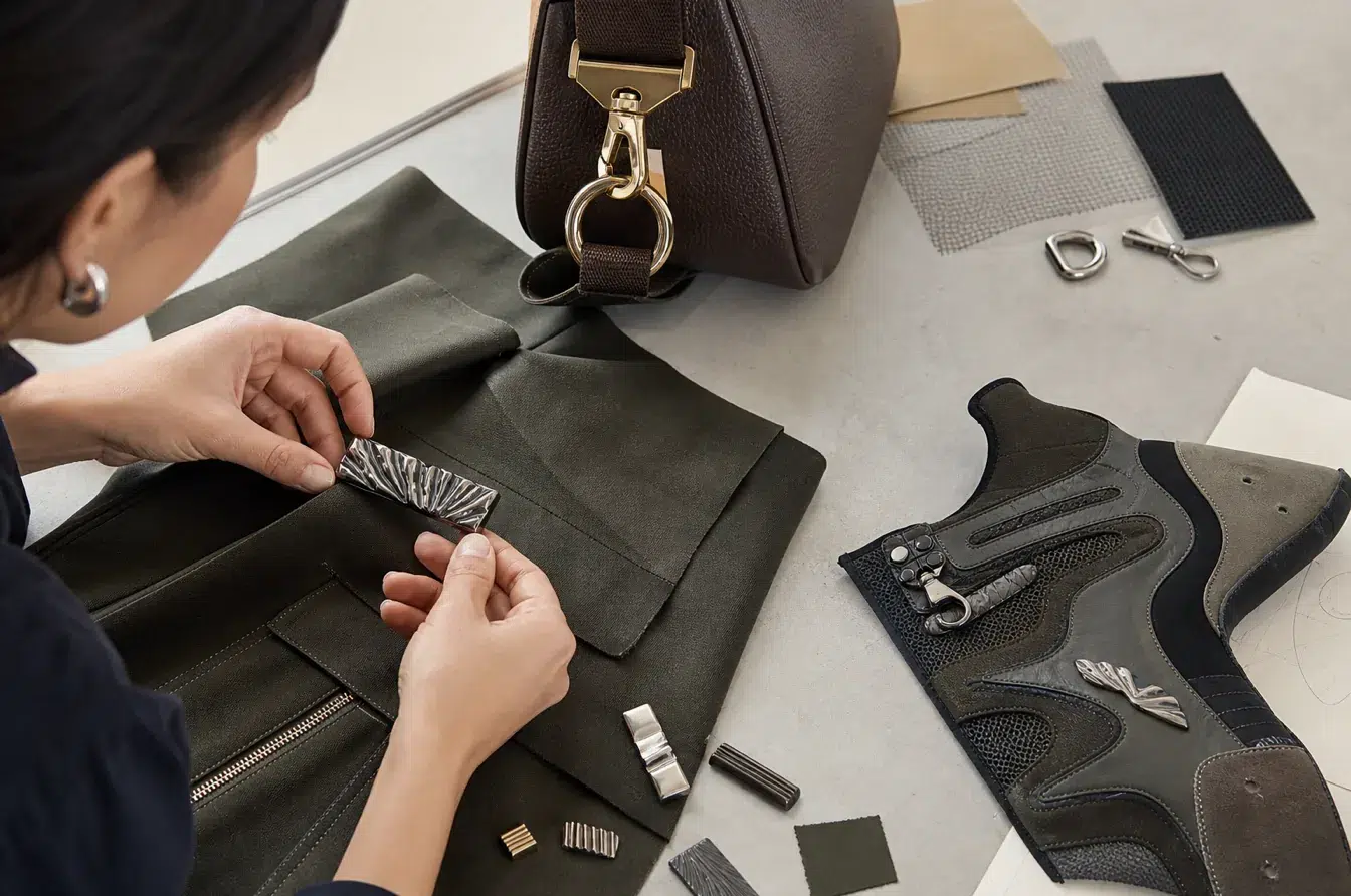 Designer evaluates garment bag and footwear hardware across realistic material applications