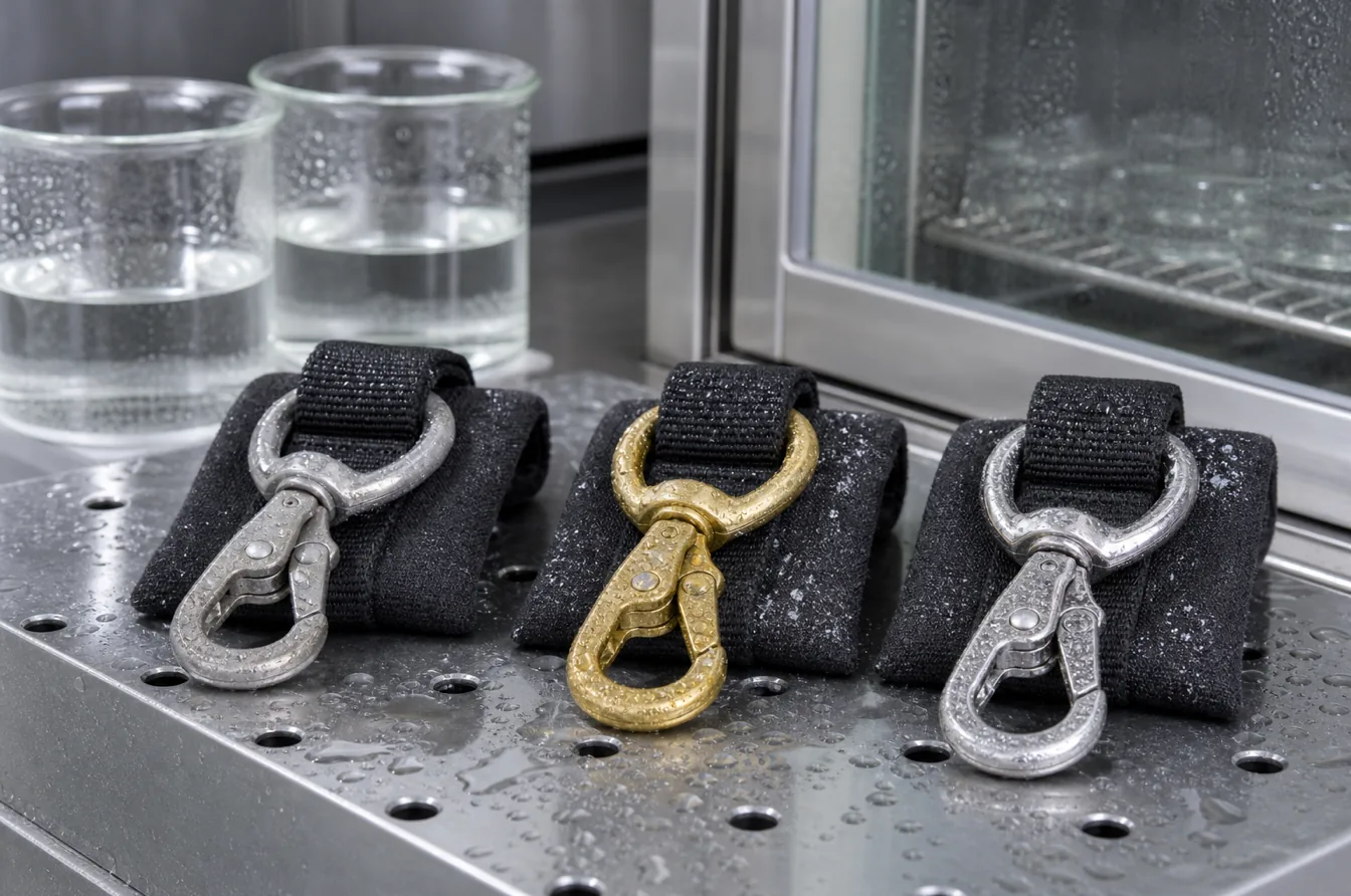 Zinc alloy brass and stainless steel hardware undergo controlled moisture and corrosion testing