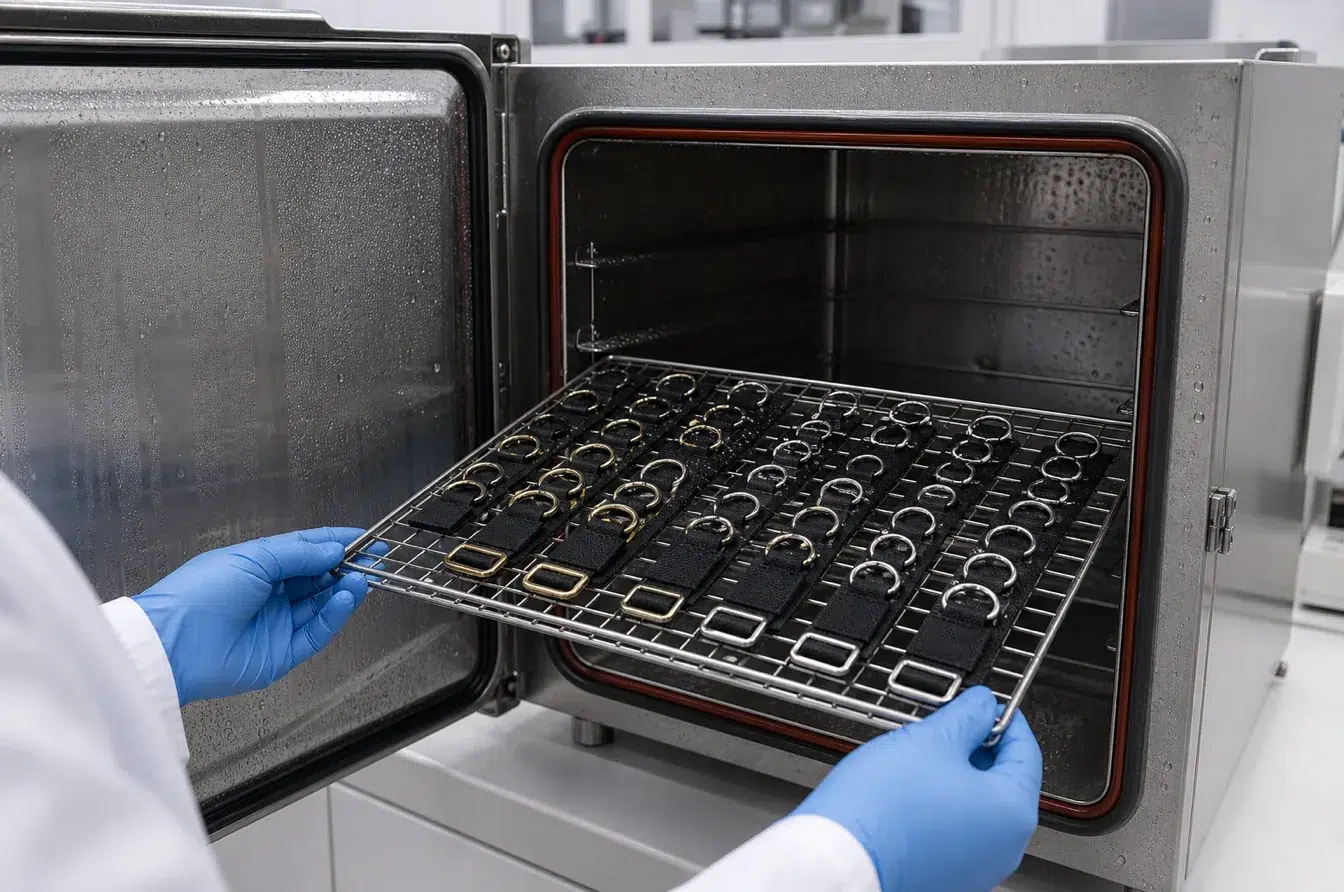 Brass and stainless swimwear hardware undergo controlled environmental corrosion testing