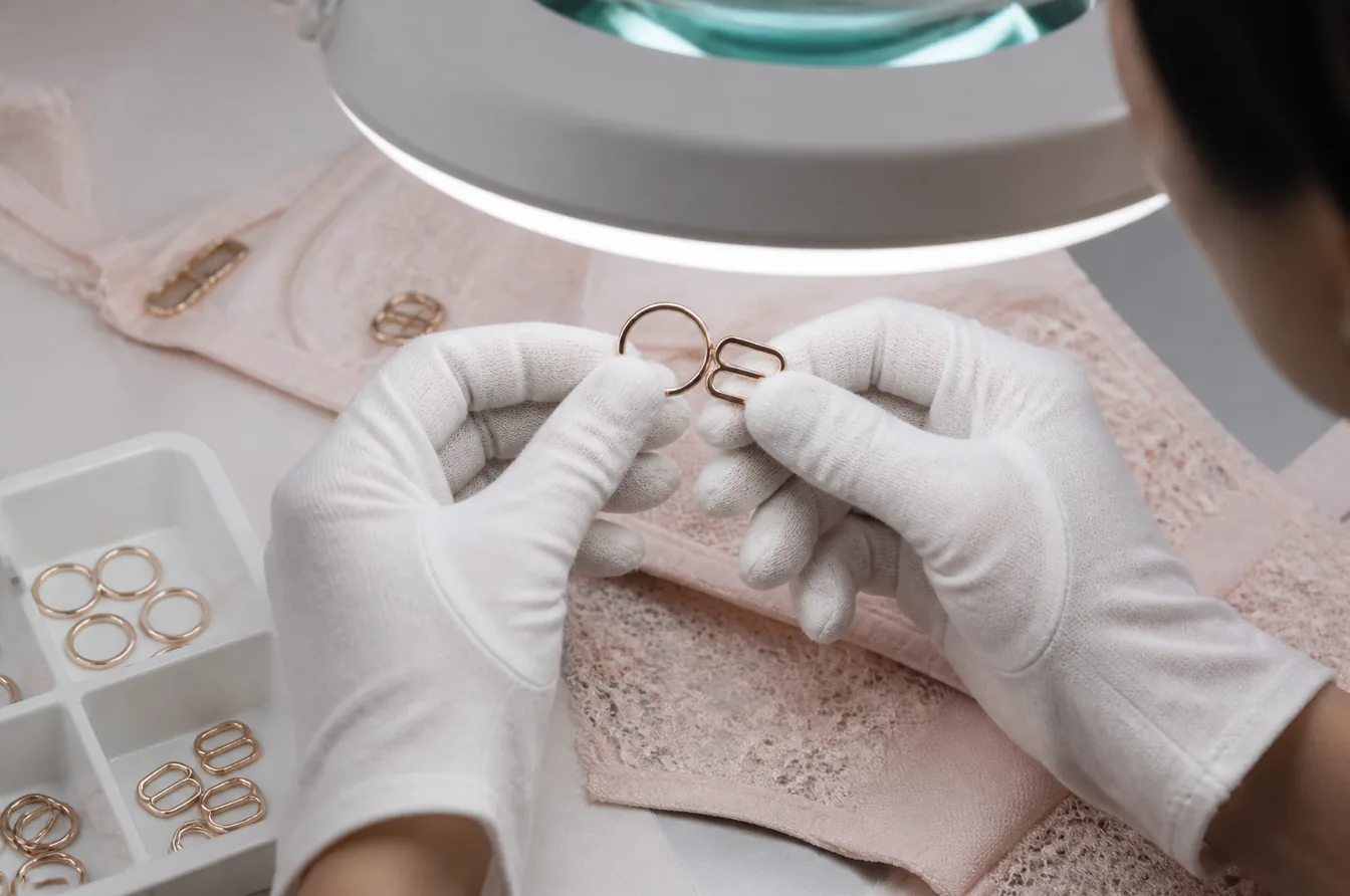 Inspector checks smooth rings and sliders for lingerie comfort and strap compatibility