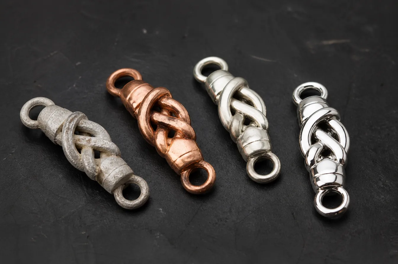 Raw copper nickel and polished finish stages shown on matching fashion hardware