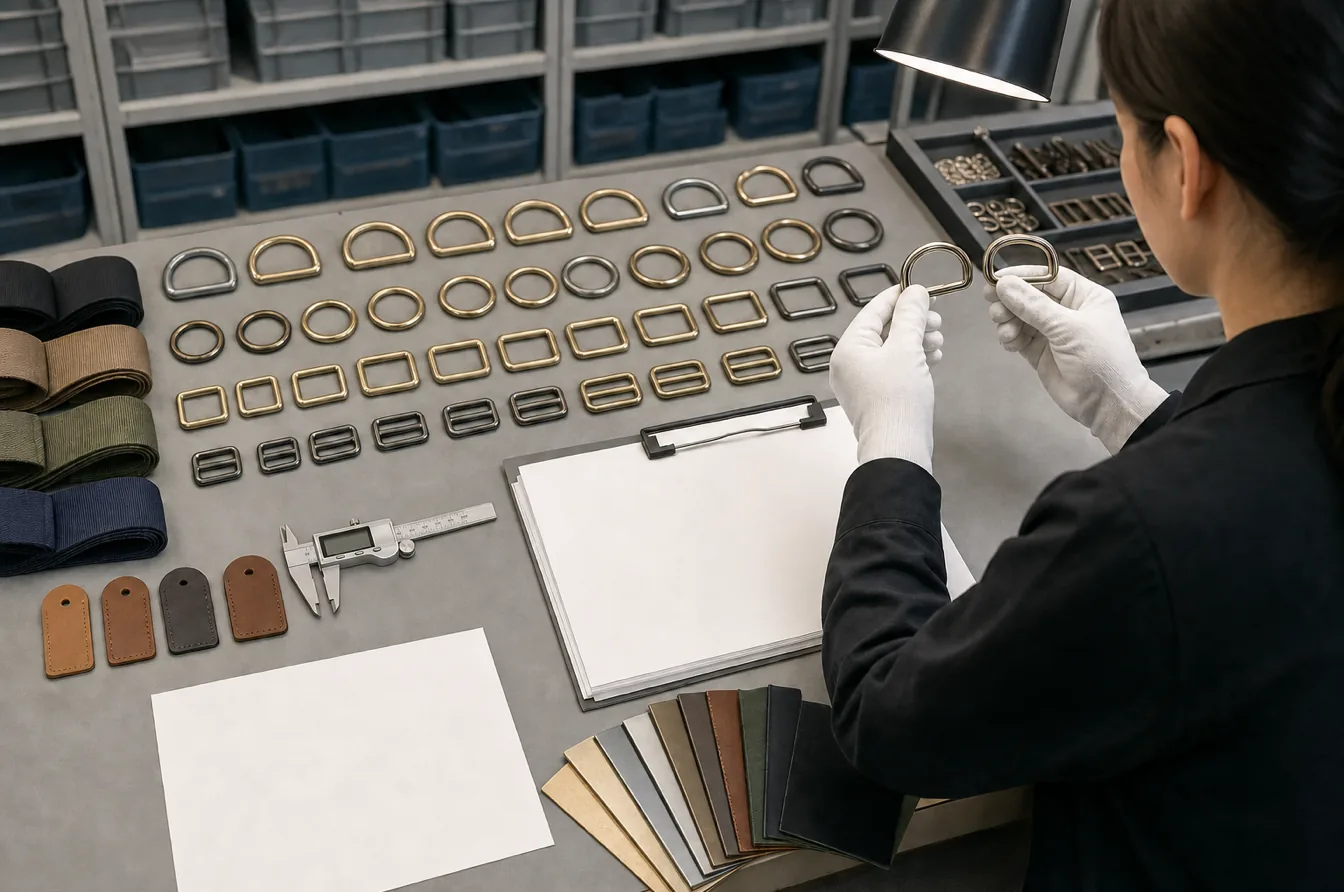 Inspector checks fashion hardware dimensions finishes and consistency with a digital caliper