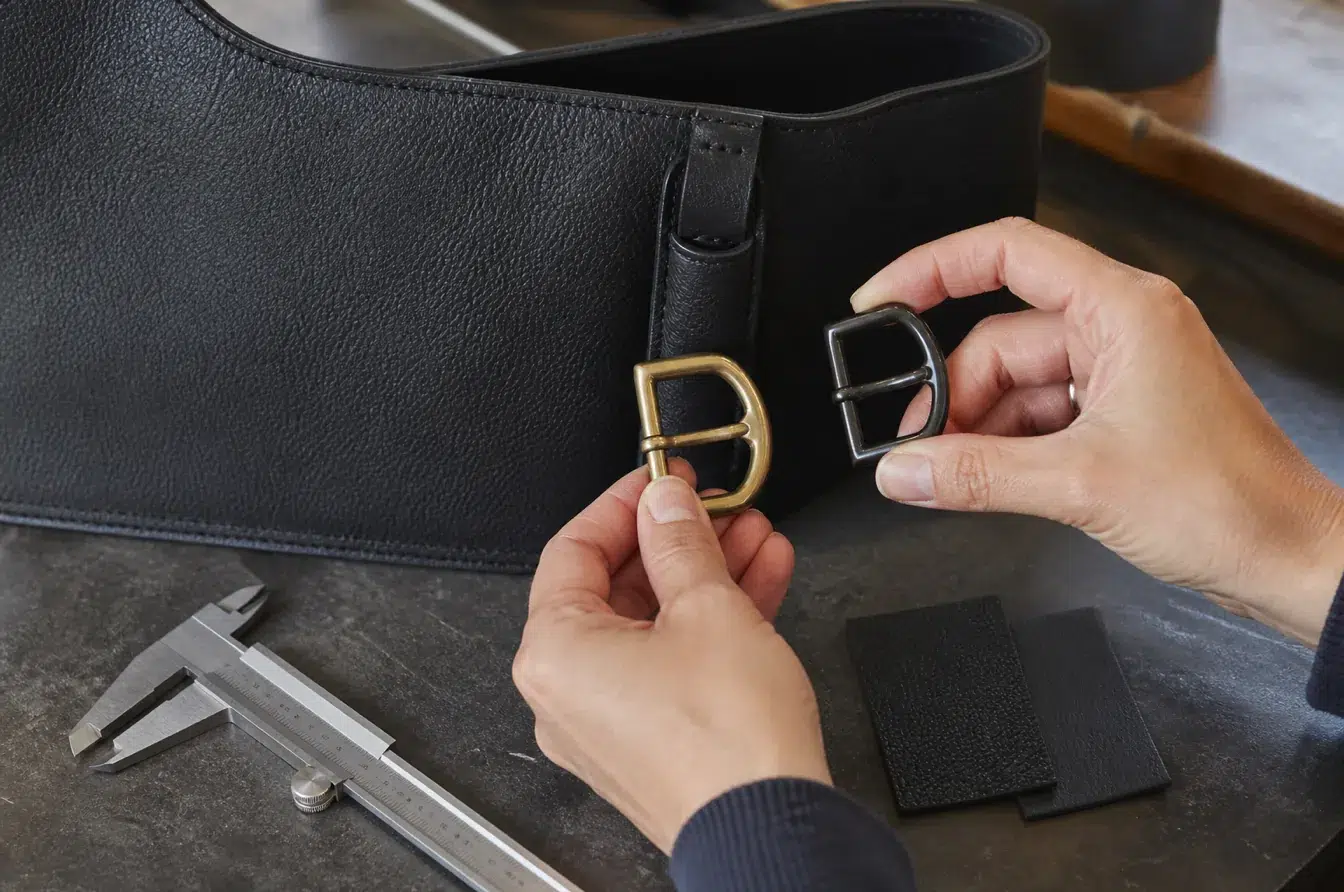 Product developer comparing brass and PVD buckle samples against a black handbag