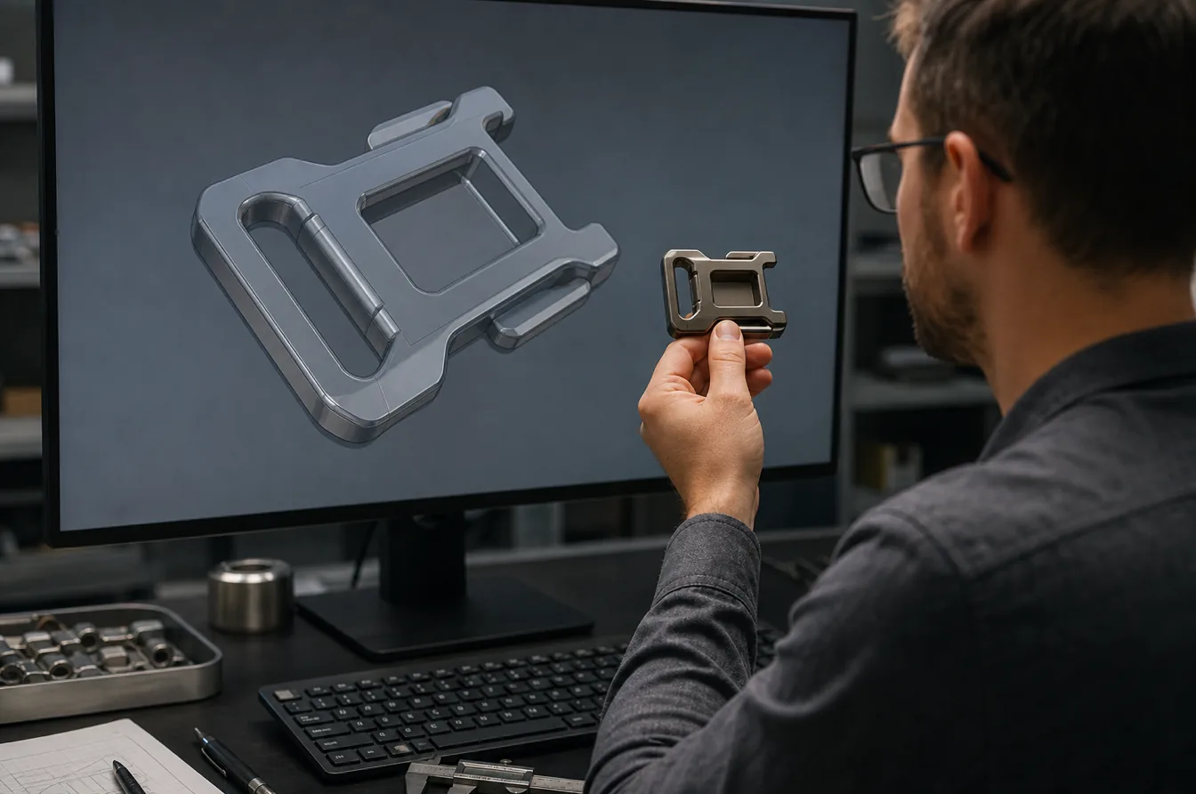 Hardware engineer compares a lightweight buckle prototype with its CAD model