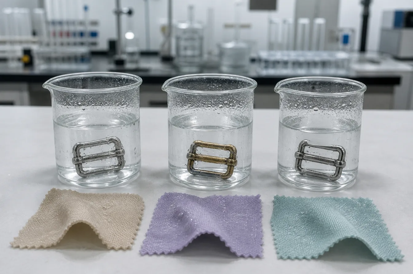 Zinc alloy, brass, and stainless steel sliders undergo controlled corrosion testing