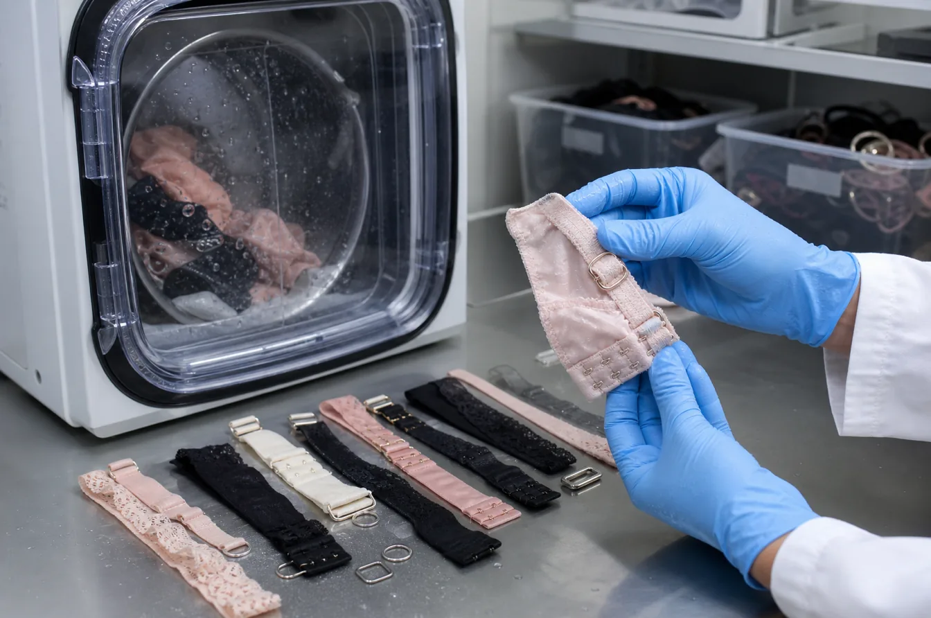 Lingerie hardware and fabric assemblies undergo repeated laundering and abrasion evaluation
