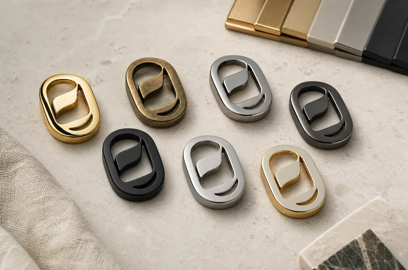 Custom logo plates compare polished brass antique brass nickel gunmetal black and brushed finishes