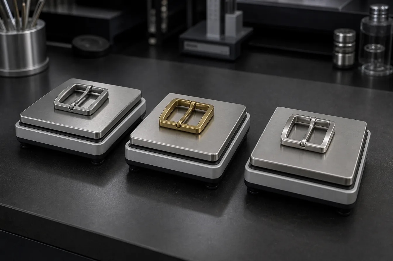 Matching zinc alloy brass and stainless steel buckles compared on precision weight scales