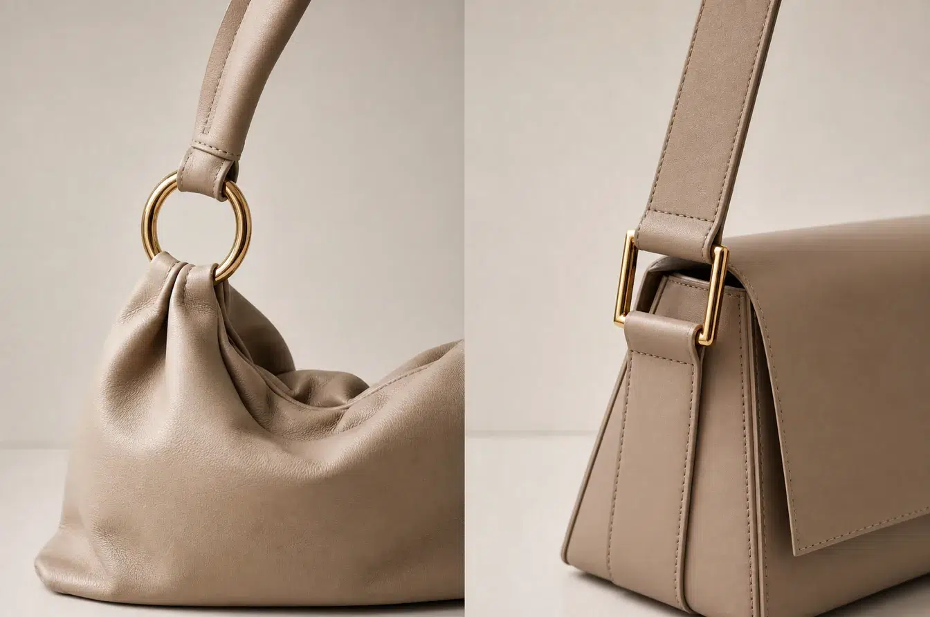 O-ring on a soft handbag contrasts with a square ring on a structured bag