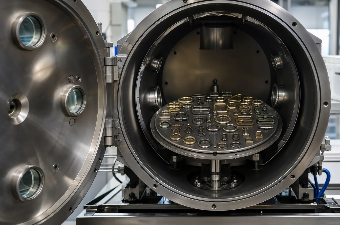 Fashion buckles and rings arranged inside an open PVD coating chamber