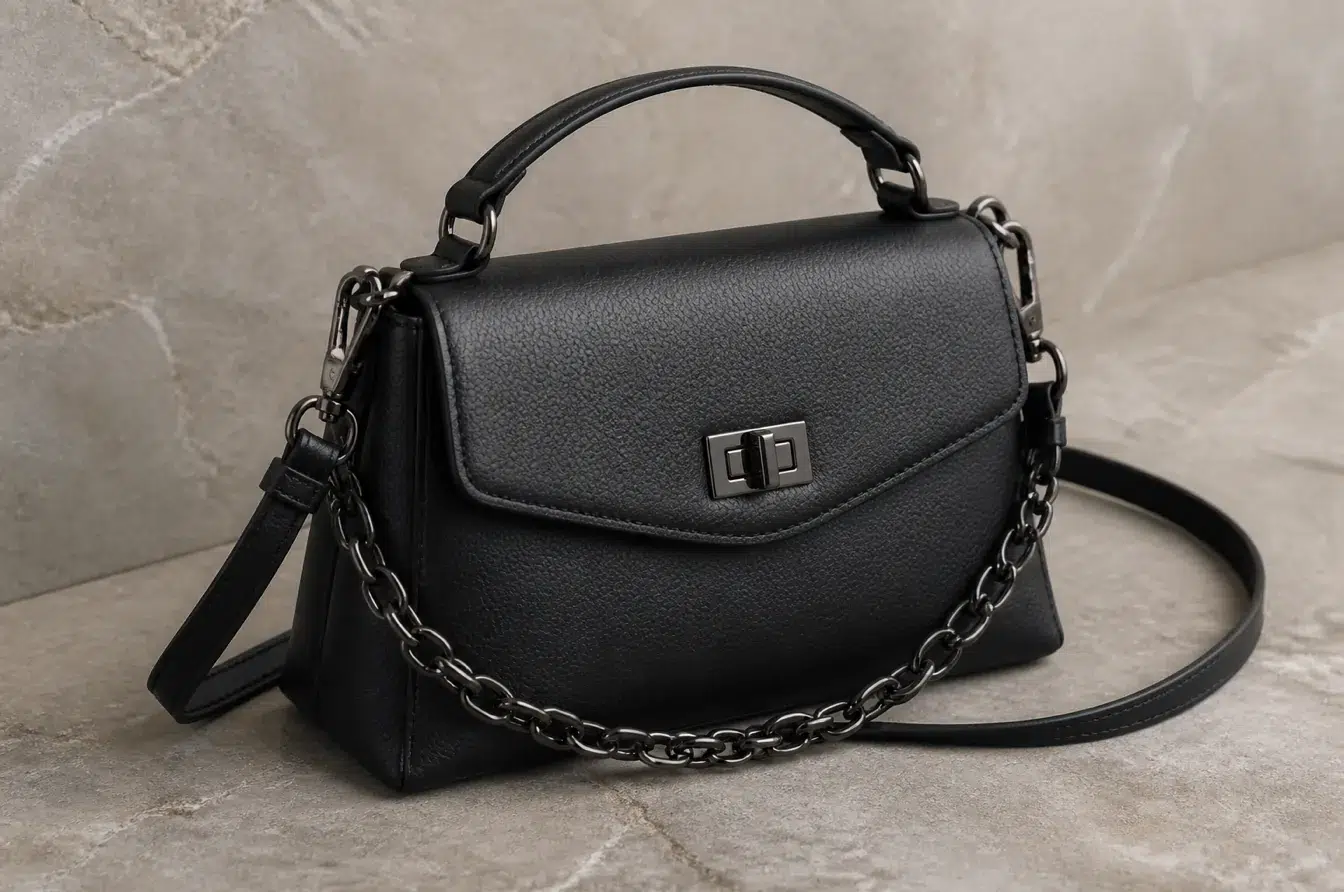 Black leather handbag with PVD chain and turn lock for high-contact use