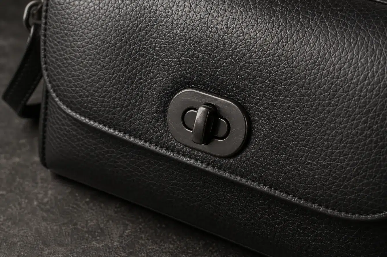 PVD turn lock on black leather showing realistic contact wear after repeated use