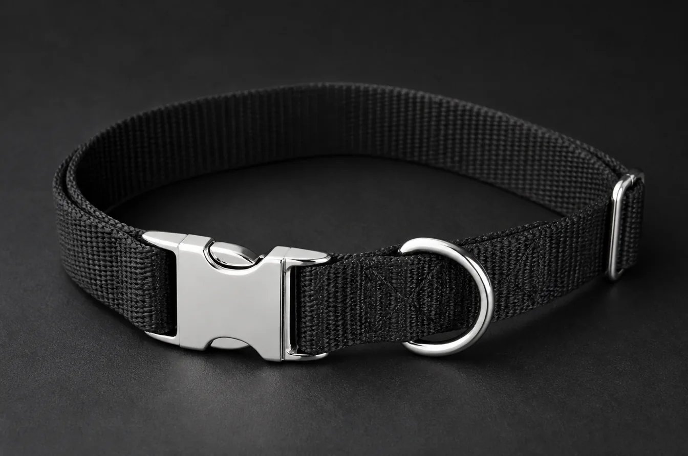 Black pet collar with bright silver buckle D ring and reinforced webbing