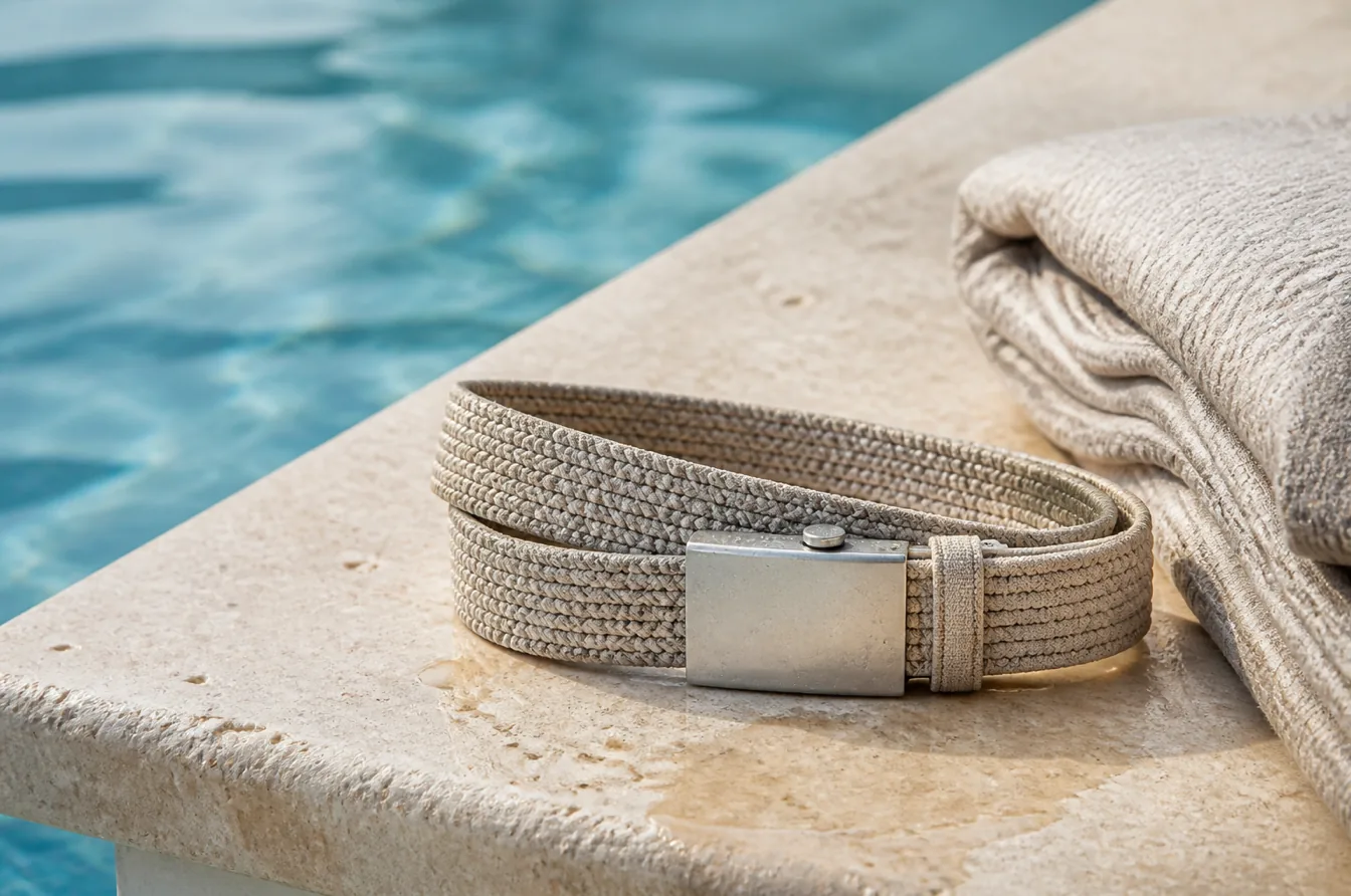 Poolside resort accessory uses stainless hardware under humid chlorine exposed conditions